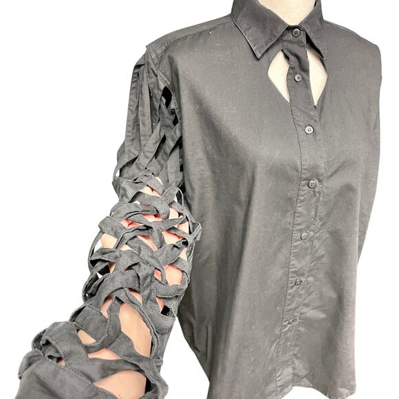 vintage women's M western braided sleeve cut out black button down - Picture 2 of 7